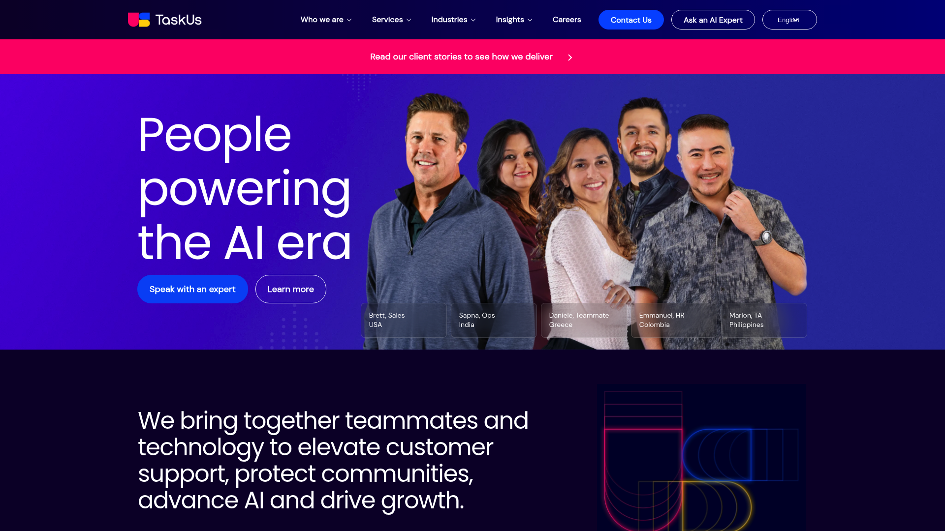 A screenshot of the TaskUs website, focusing on its customer experience services for digital-native brands.