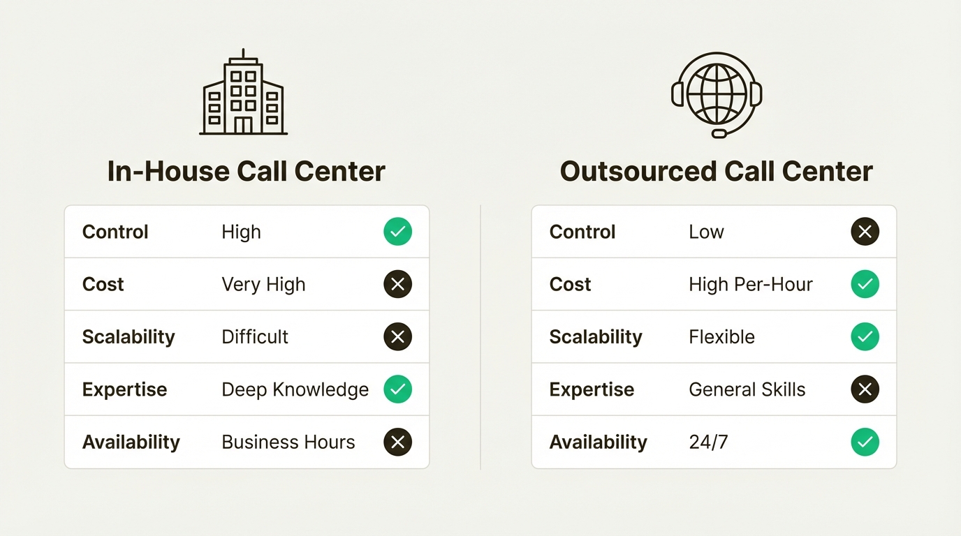 A comparison infographic showing the pros and cons of in-house and outsourced call center models.