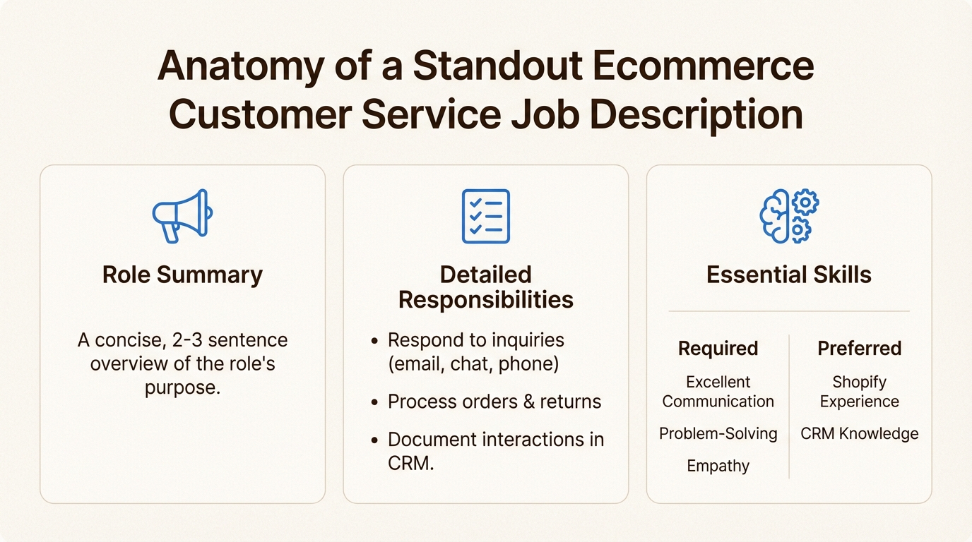An infographic detailing the key components of an effective ecommerce customer service job description, including role summary, responsibilities, and essential skills.