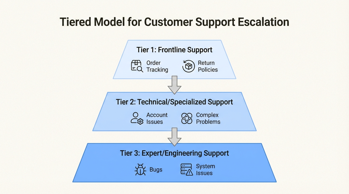 A pyramid diagram illustrating the three-tiered customer support model for issue escalation.