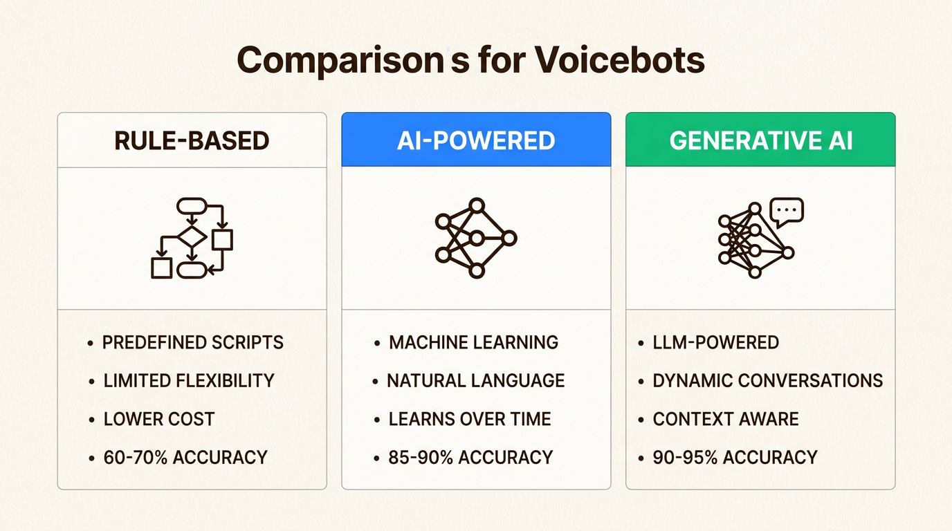 Comparison of rule-based, AI-powered, and Generative AI voicebot types