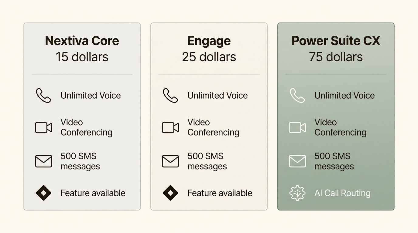Nextiva offers three distinct tiers ranging from basic communication tools to a full AI-powered contact center suite.