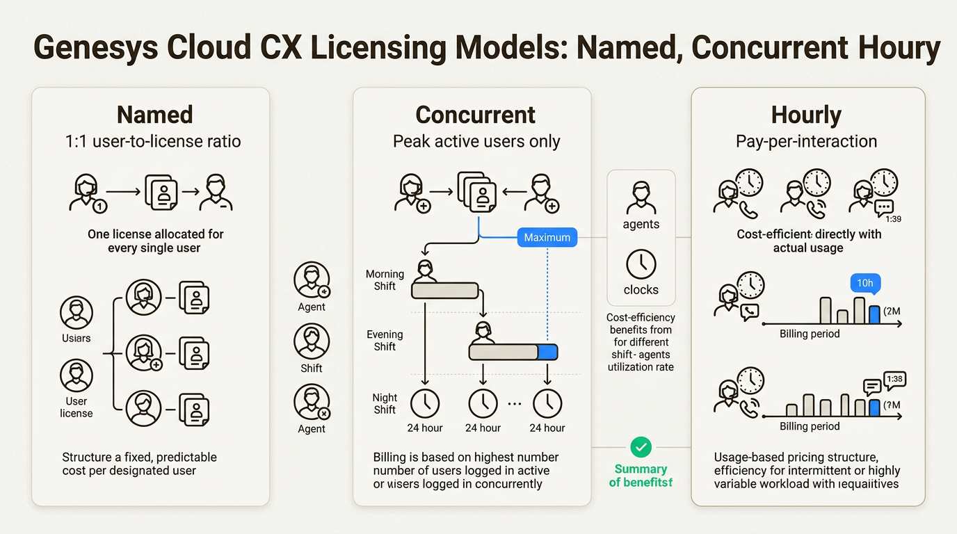 Selecting the right licensing model helps align your Genesys costs with actual agent usage and shift schedules.