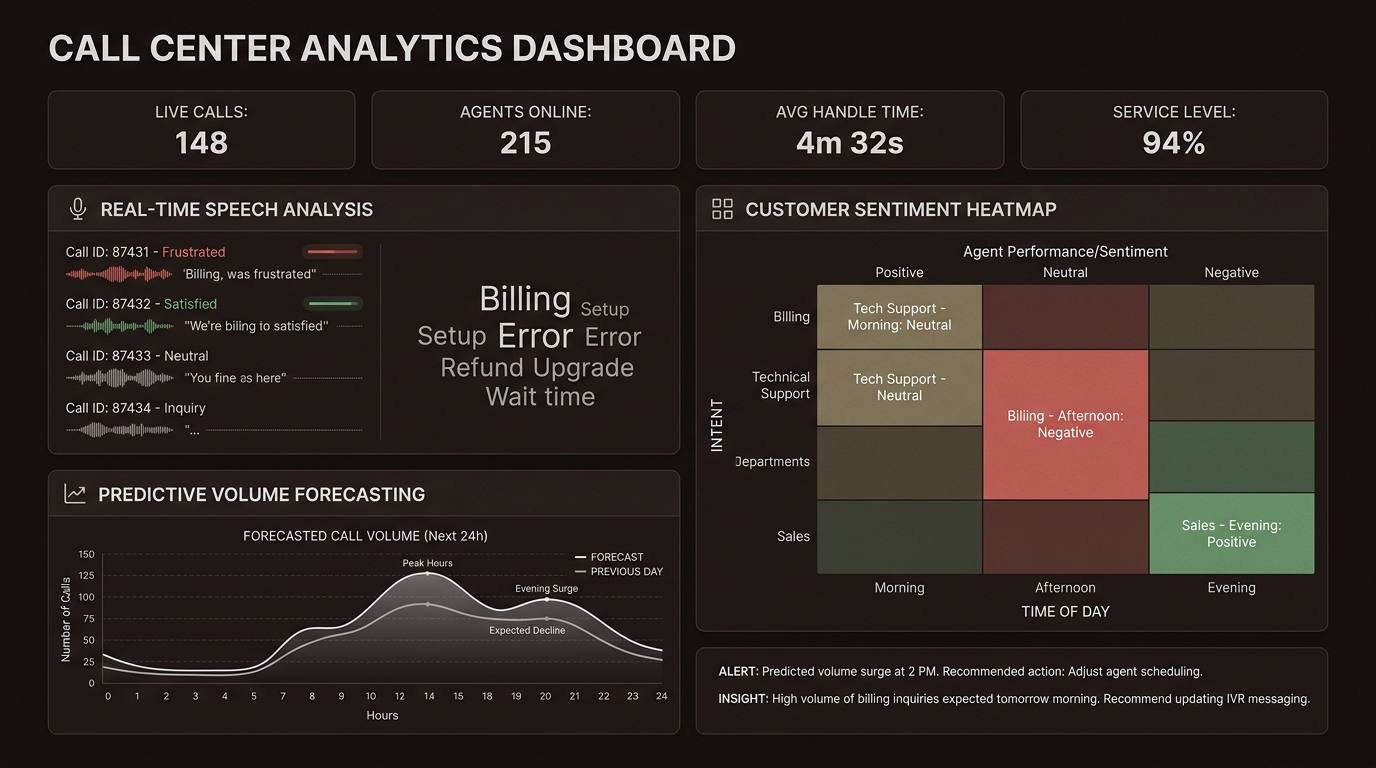 Modern dashboards provide real-time visibility into customer sentiment and predictive metrics to help managers make proactive operational adjustments.