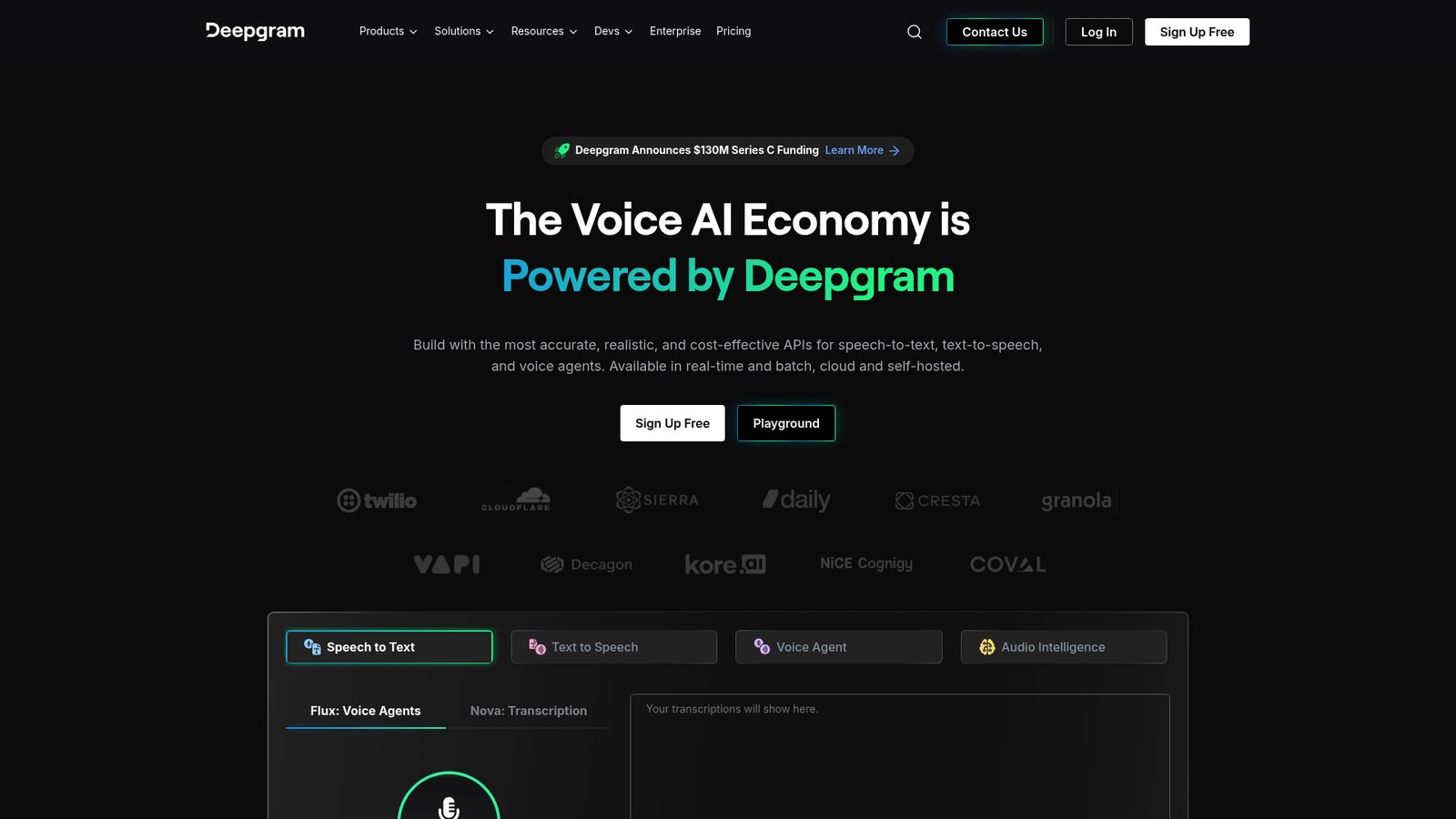 Deepgram speech-to-text API platform homepage
