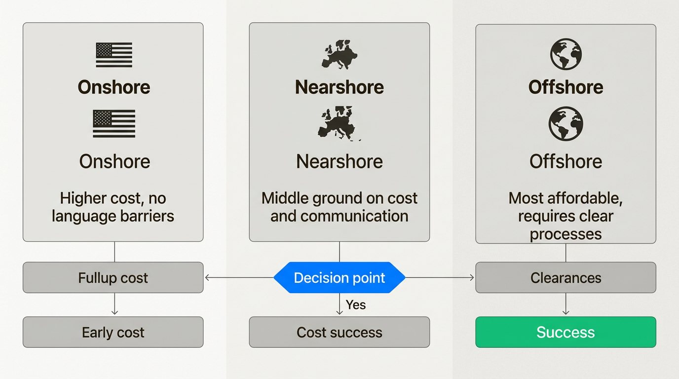 Visual comparison of onshore, nearshore, and offshore outsourcing models