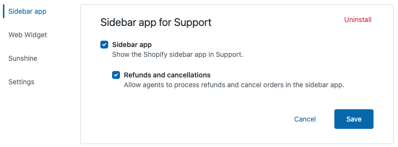 A configuration panel for a sidebar app, displaying feature checkboxes for enabling or disabling functionalities like refunds and cancellations.