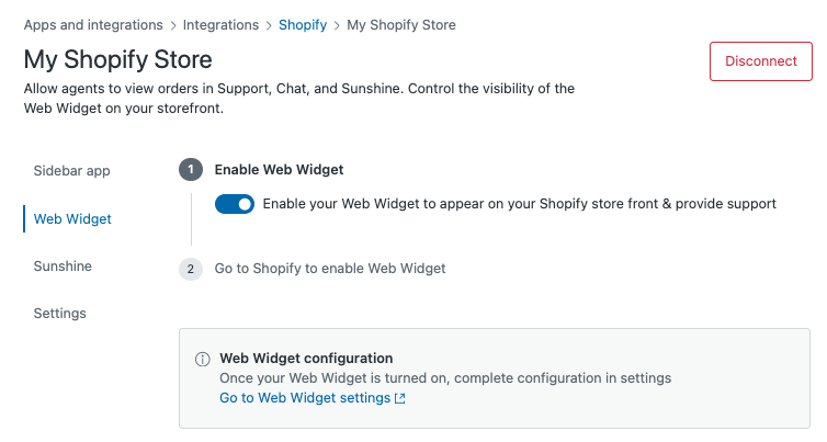 Zendesk Admin Center's Shopify integration settings, displaying the Web Widget enablement toggle.