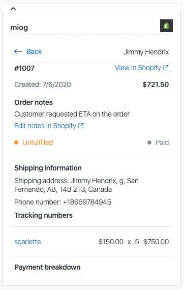 A Shopify order information panel displaying details for order #1007, including customer notes, shipping address, fulfillment status, and payment breakdown.