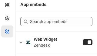 The app embeds settings showing the Zendesk Web Widget integration toggle.