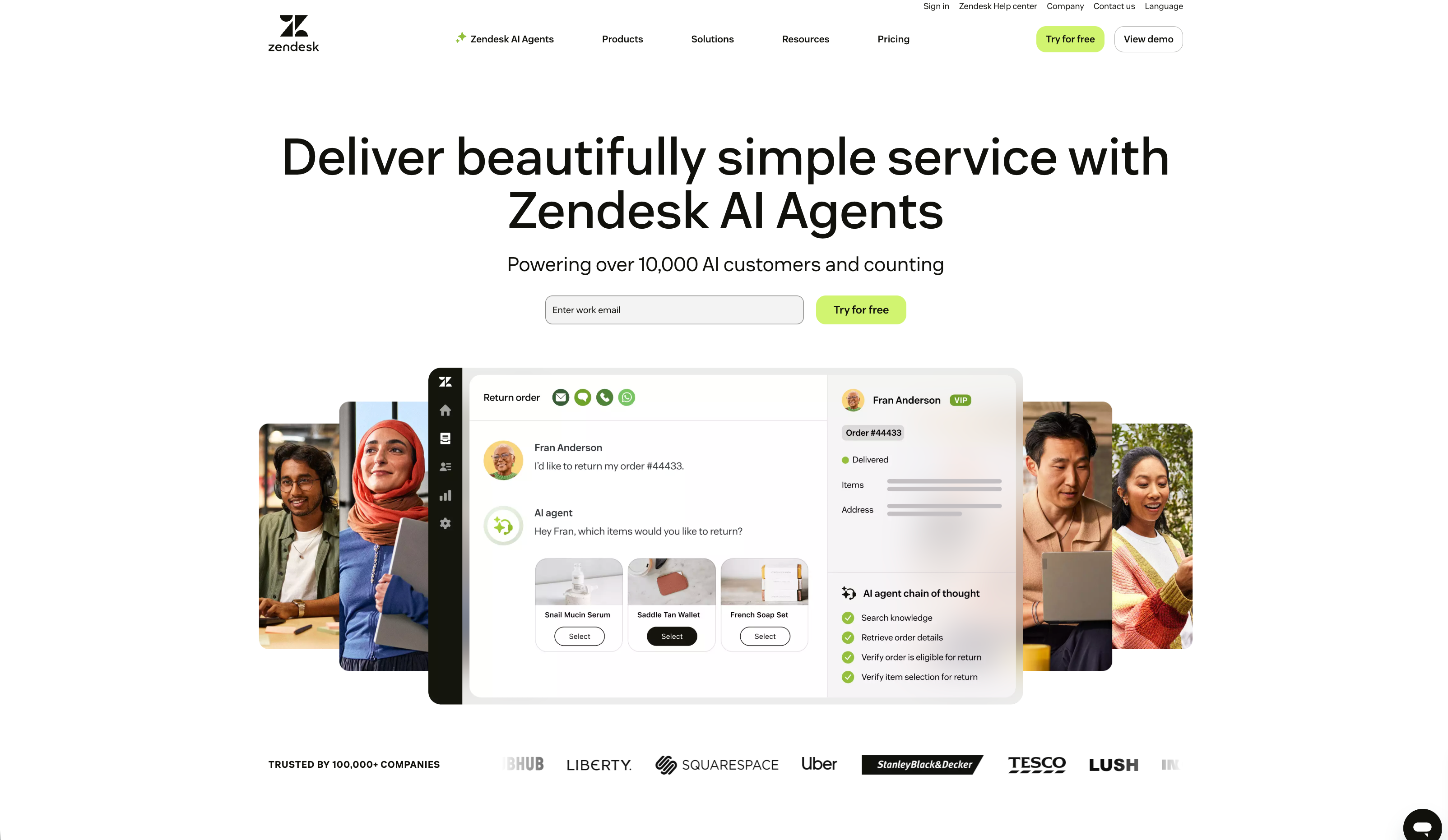 A screenshot of the Zendesk website, a large customer service platform that offers some of the best ecommerce call center services.