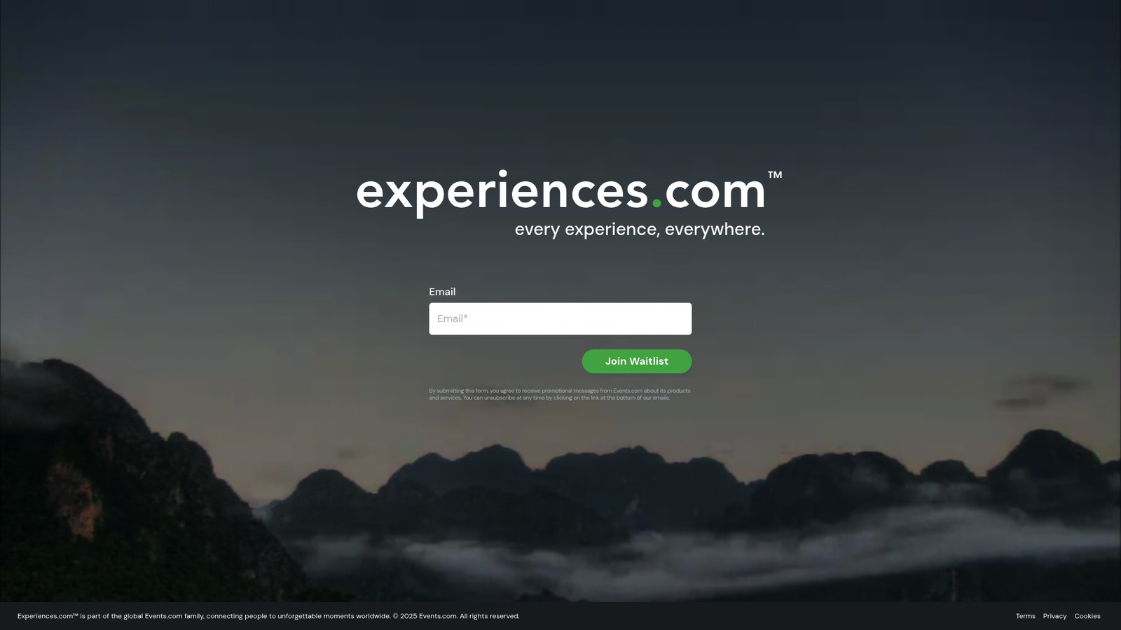 A screenshot of Experiences's landing page.