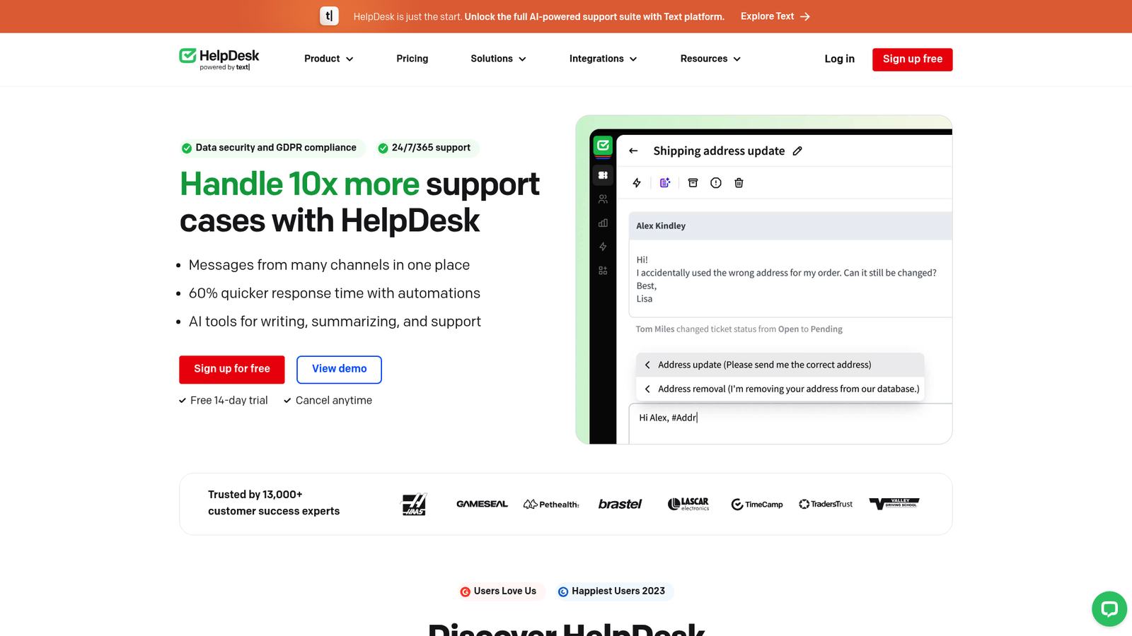 A screenshot of HelpDesk's landing page.