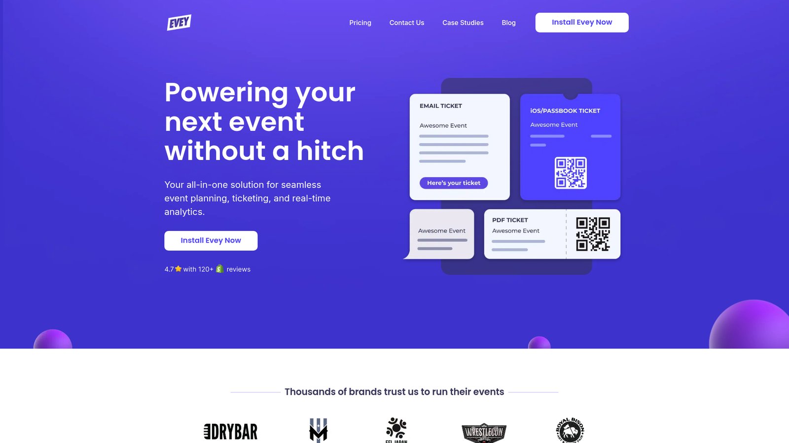 A screenshot of Evey Events's landing page.