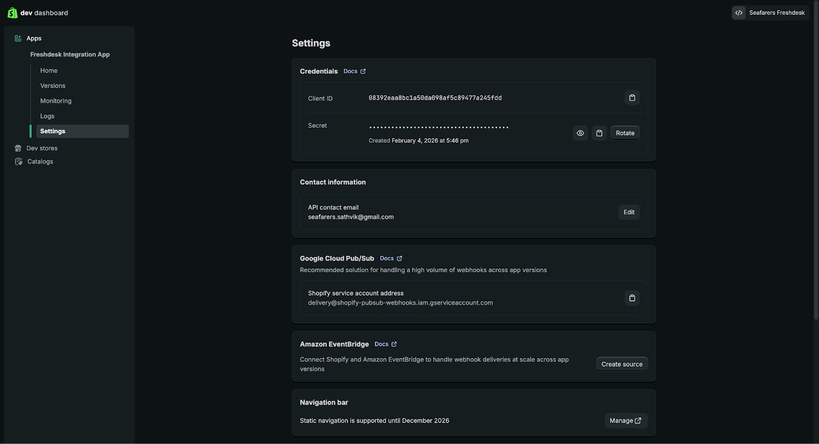 The Freshdesk Integration App's settings page, displaying credentials and Shopify service account connection details.