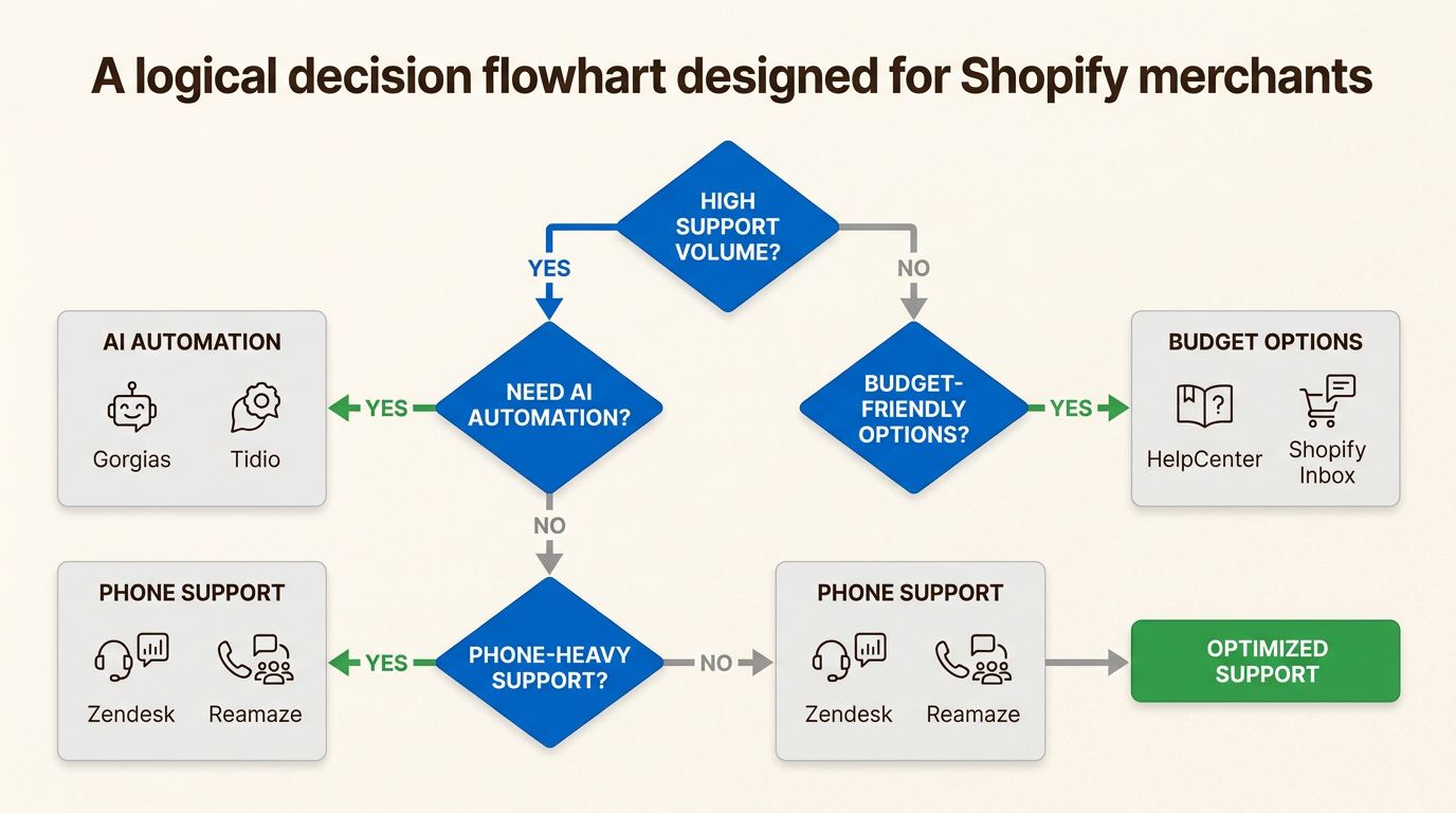 Use this logic-based flowchart to quickly narrow down the best helpdesk solution based on your store's current growth stage and priority features.