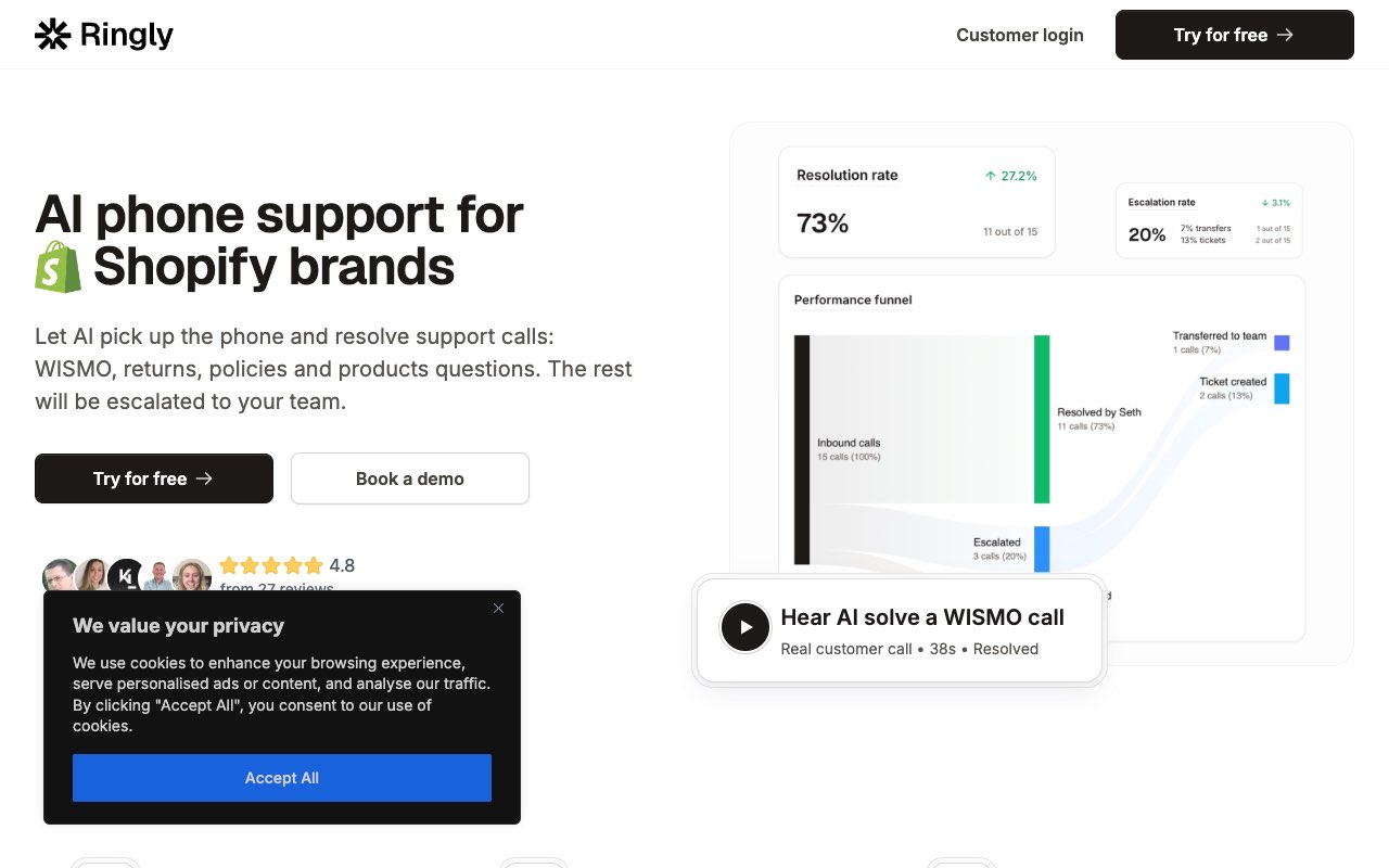 Ringly.io AI phone agent dashboard for Shopify stores