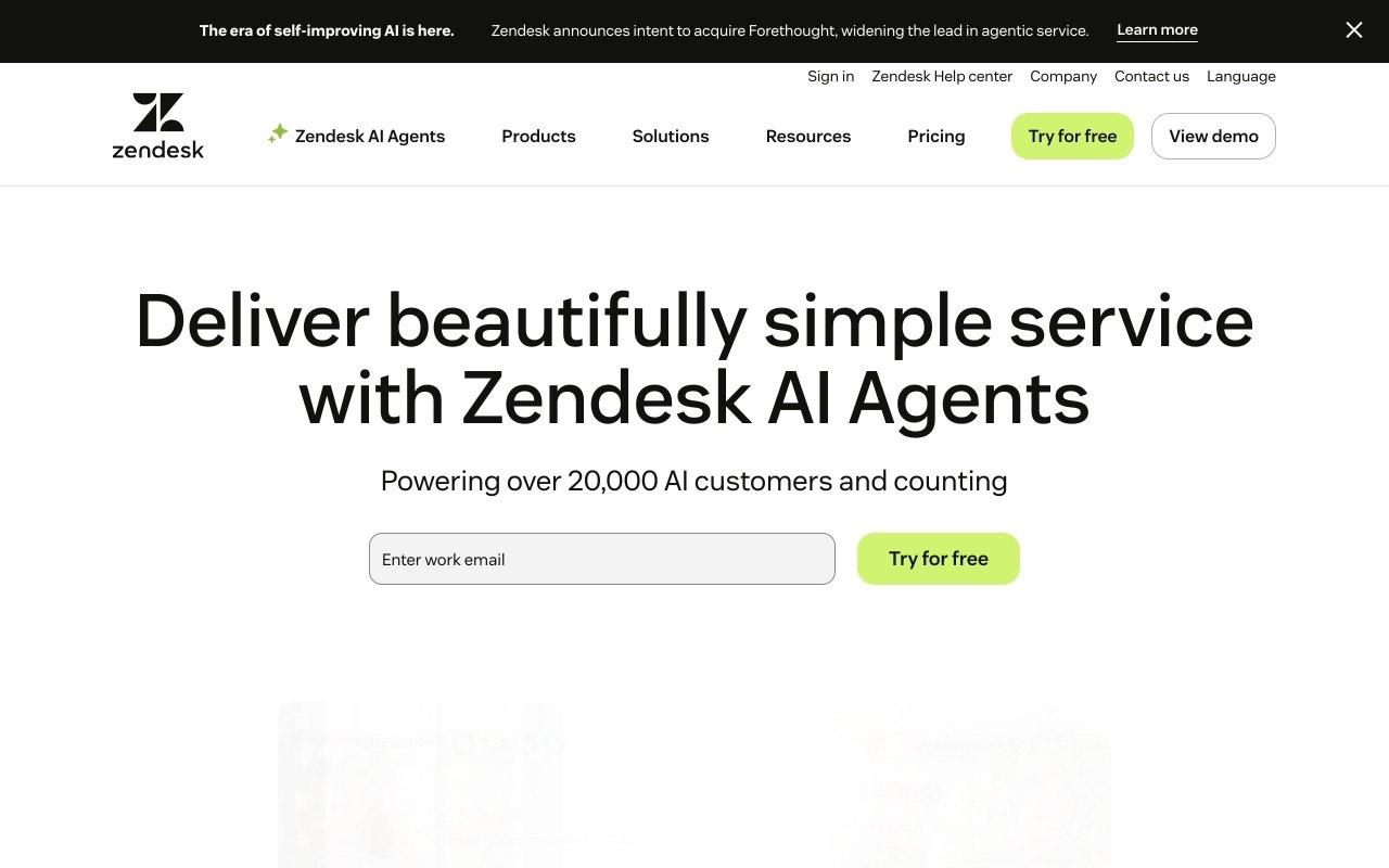 Zendesk homepage screenshot