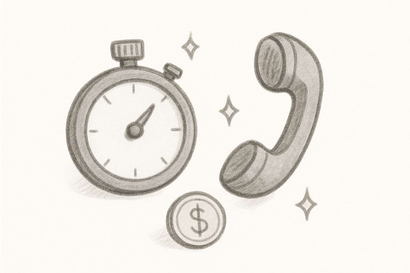Hand-drawn pencil sketch of a stopwatch, phone receiver, and dollar coin showing the cost of phone support