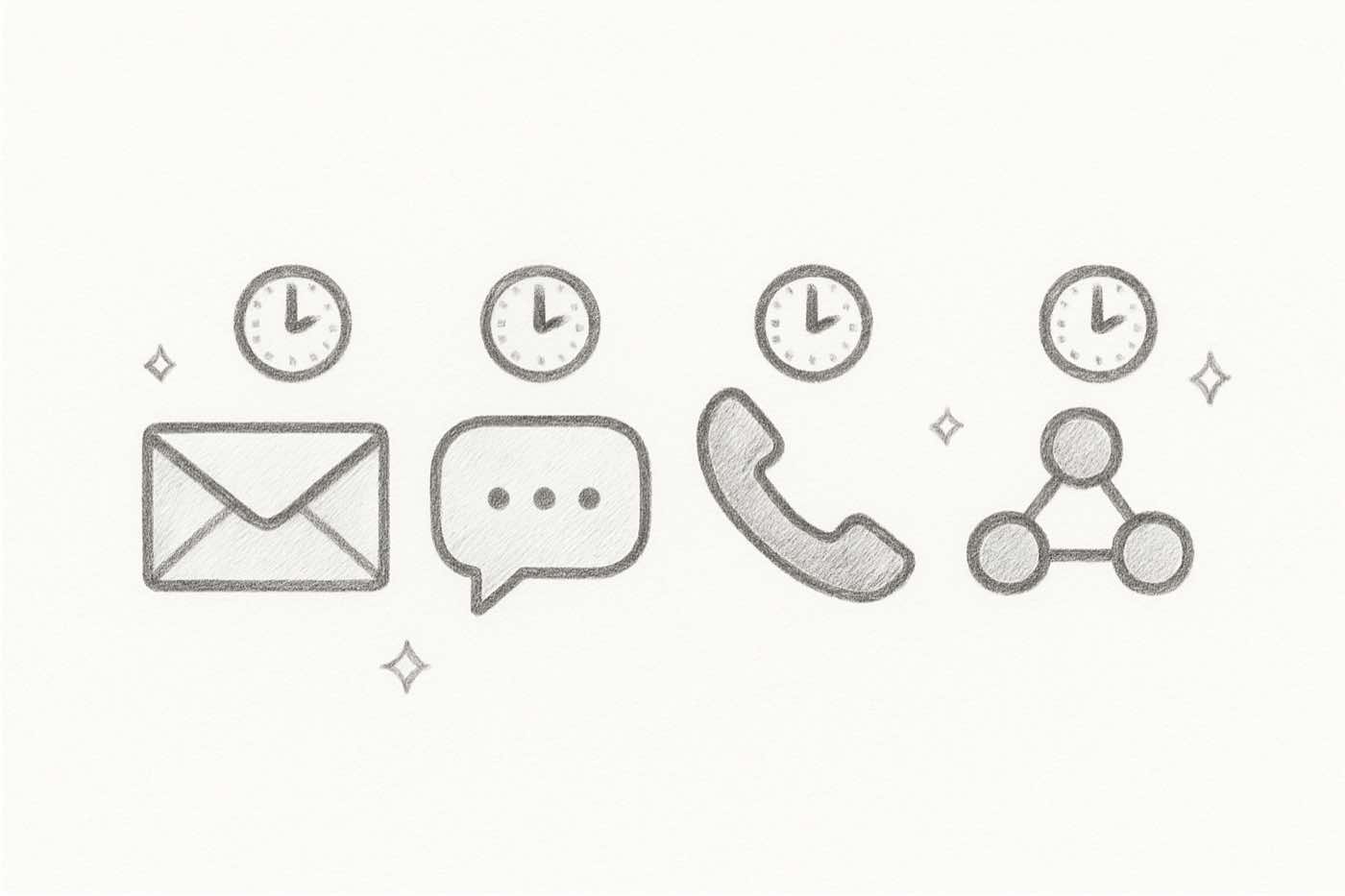 Hand-drawn pencil sketch infographic showing response time benchmarks for email, chat, phone, and social channels