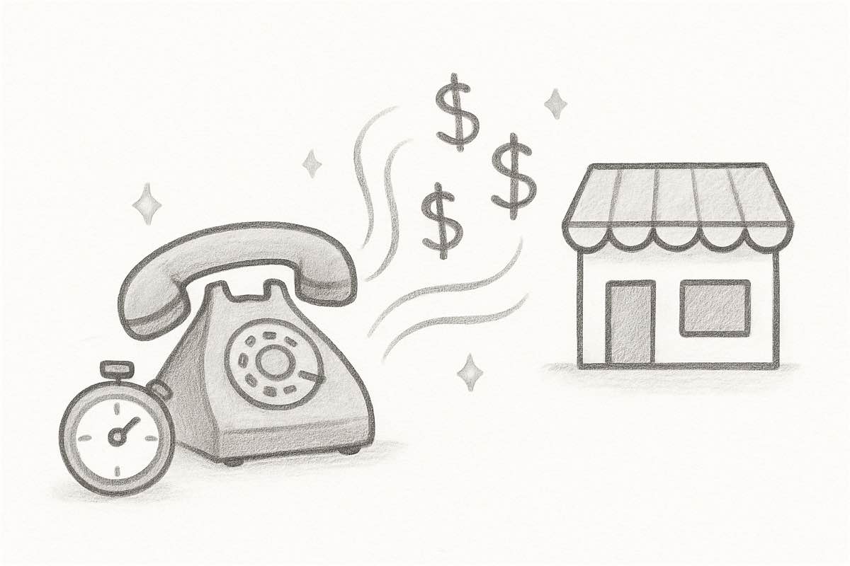 Hand-drawn pencil sketch infographic showing a phone with arrows pointing to dollar signs and competitor symbols, illustrating the cost of unanswered after-hours calls