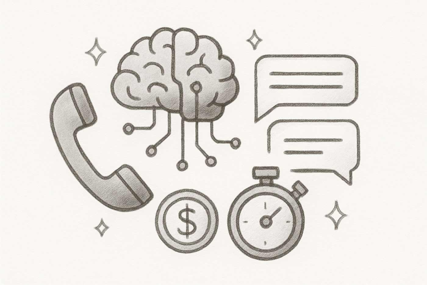 Hand-drawn pencil sketch of an AI brain connected to phone and chat with ROI icons and stopwatch