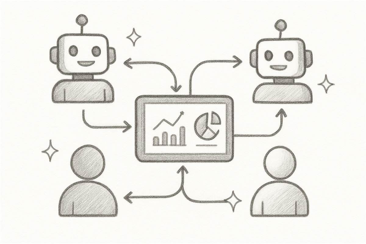Pencil sketch infographic showing data flow between agents, customers, and dashboards