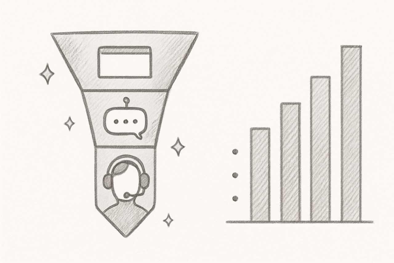 Hand-drawn pencil sketch infographic showing a funnel from self-service to escalation with simple data bars