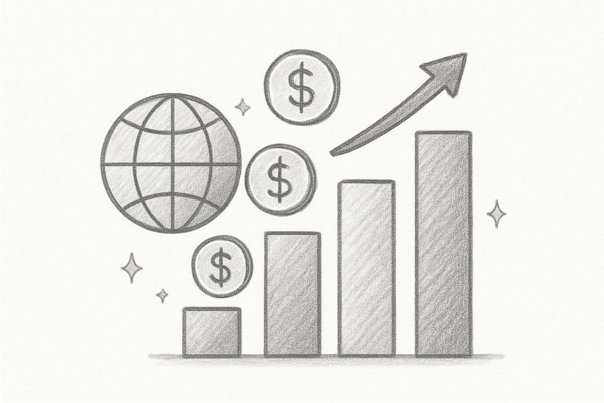Hand-drawn pencil sketch infographic showing rising bar charts and currency symbols representing global customer service spending in 2026