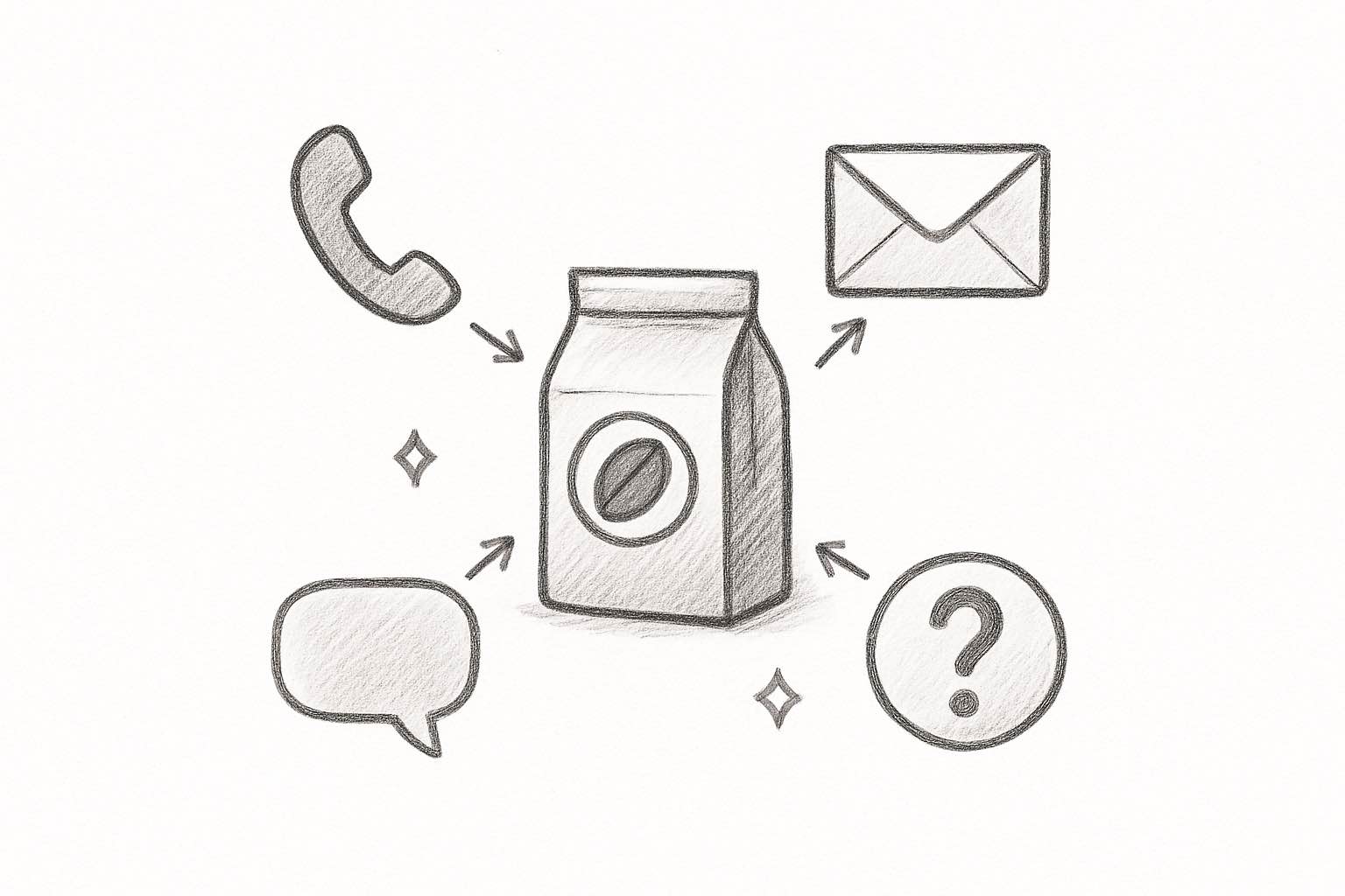 Coffee subscription customer service channels diagram showing phone, email, chat, and self-serve options