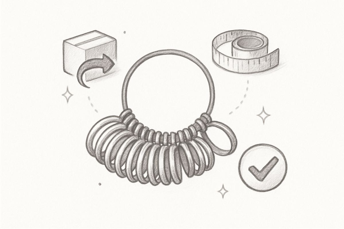 Diagram of the jewelry brand customer service sizing and returns playbook with ring sizer, return box, and measuring tape.