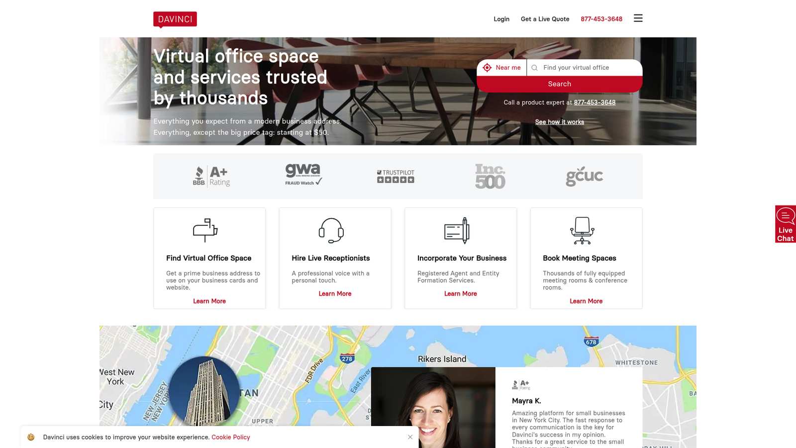 Davinci Virtual landing page with live receptionist and virtual office solutions