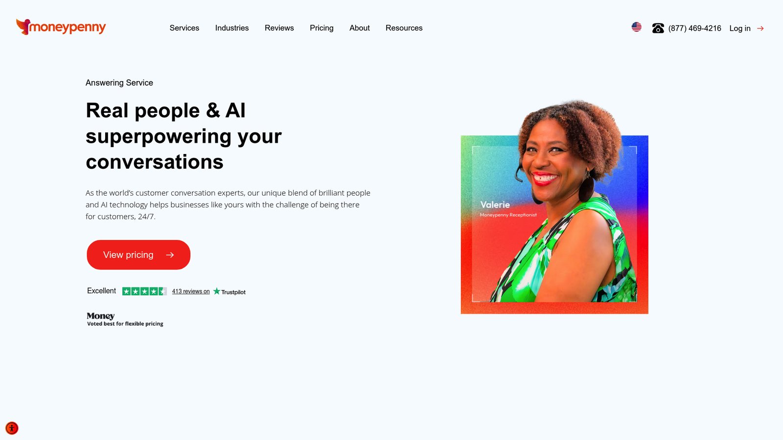 Moneypenny landing page featuring phone answering and AI receptionist services