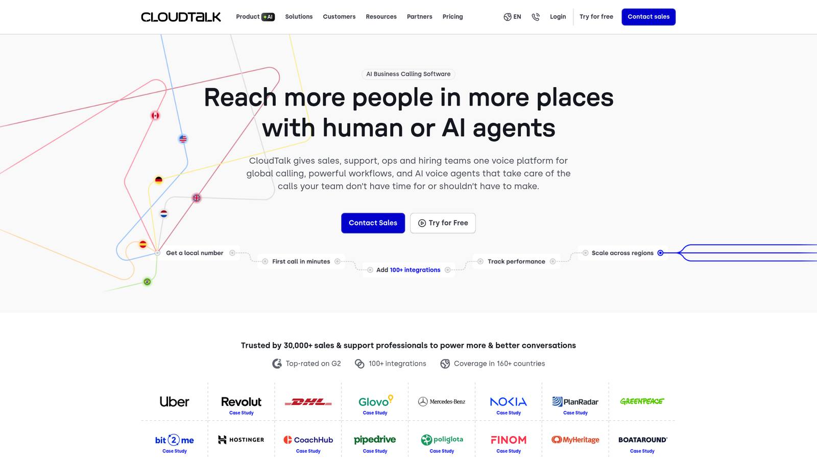 CloudTalk's VoIP platform landing page with call center solutions