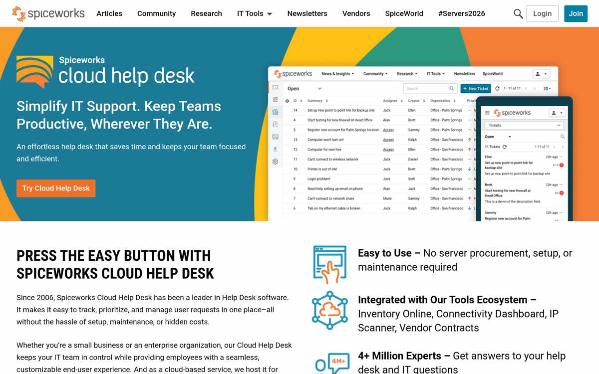 A screenshot of Spiceworks's landing page.