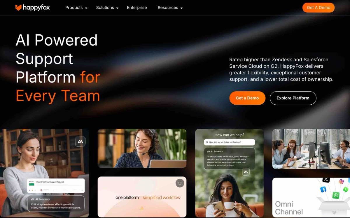A screenshot of HappyFox's landing page.