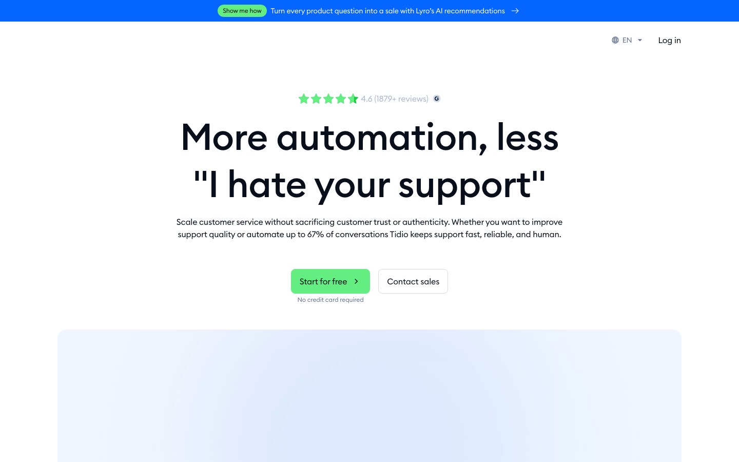 Tidio homepage showing live chat and AI chatbot product