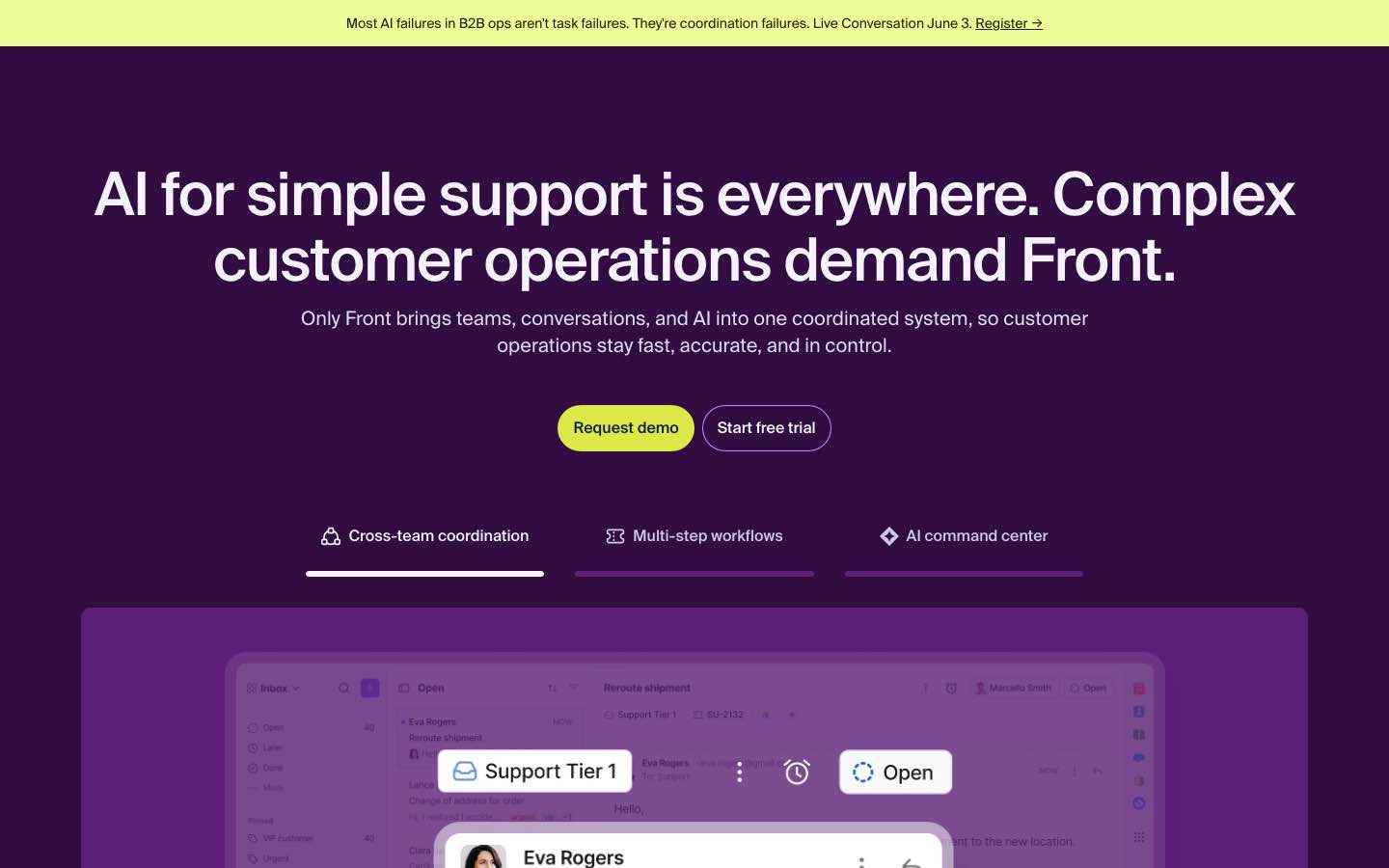 Front homepage showing shared-inbox collaboration