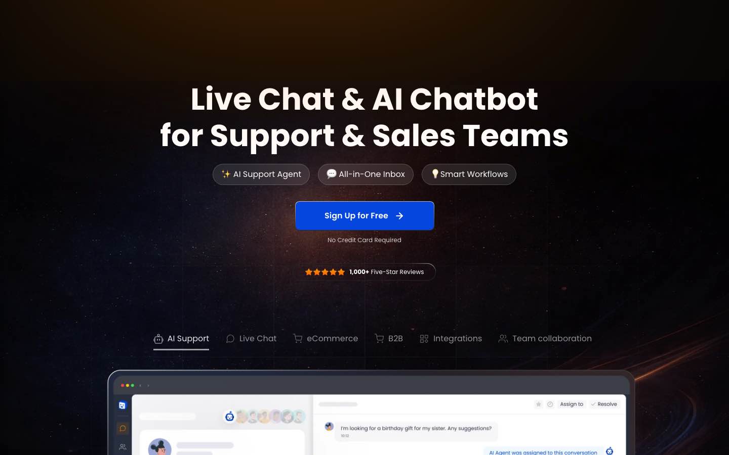 Chatway homepage showing live chat widget and shared inbox