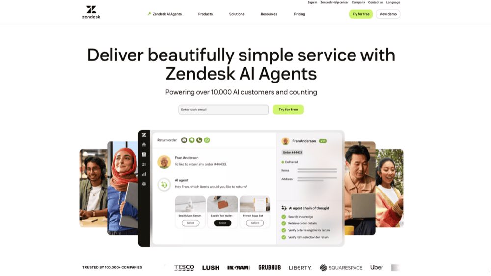 Zendesk customer service software homepage