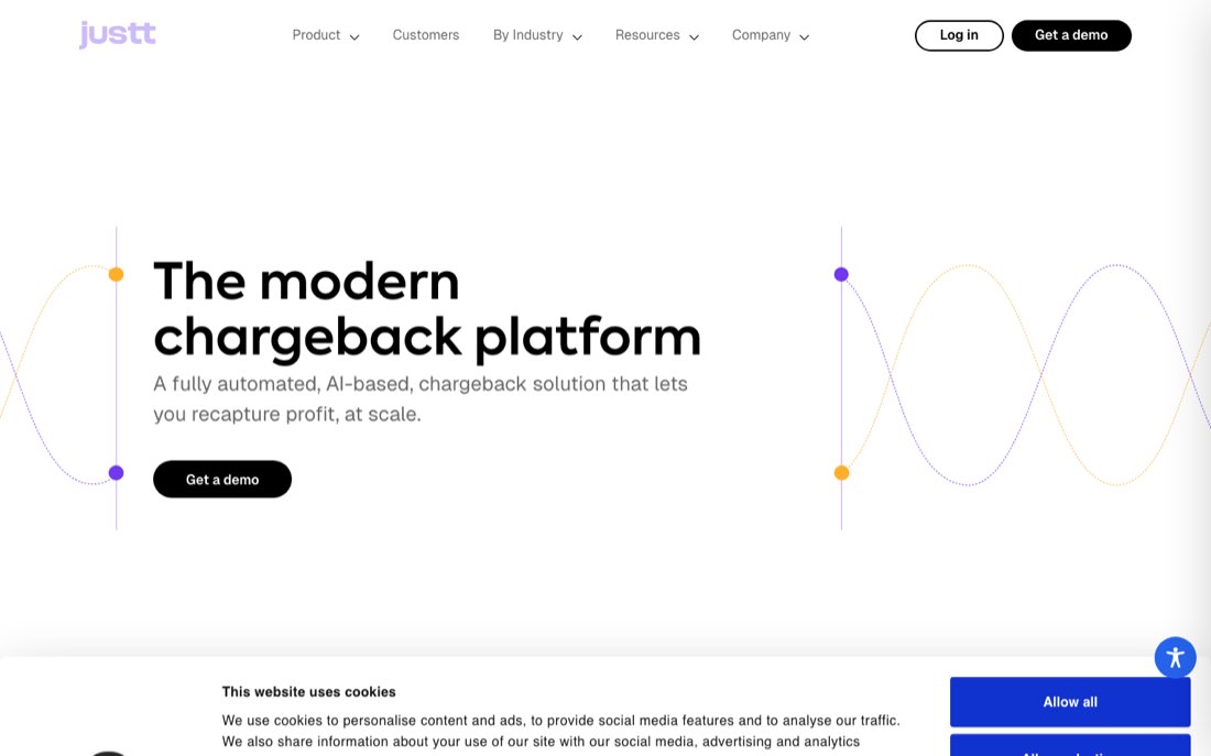 Justt AI chargeback management tool homepage showing automated dispute representment