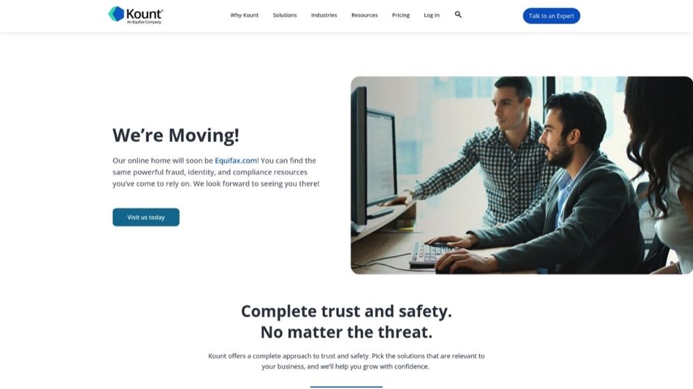Kount by Equifax homepage showing fraud detection, identity, and dispute management platform