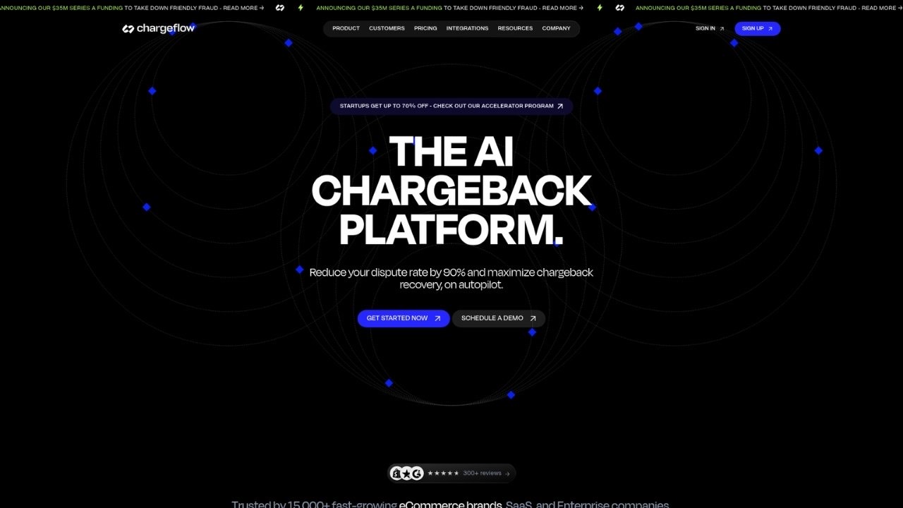 Chargeflow chargeback management tool homepage showing automated dispute representment for ecommerce