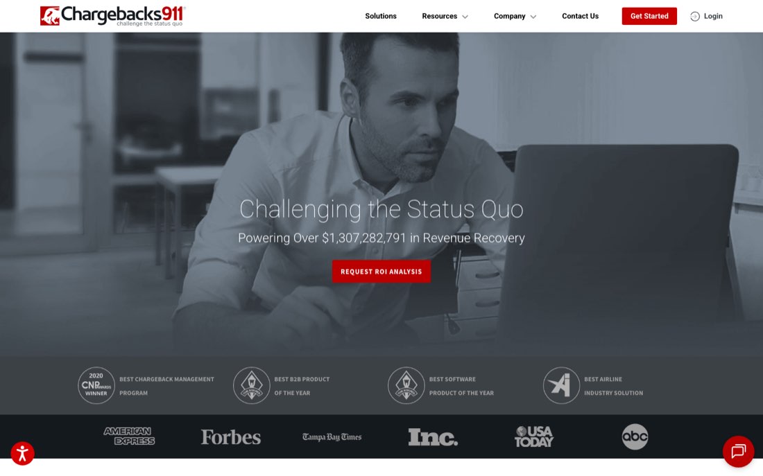 Chargebacks911 homepage showing managed chargeback representment and remediation services