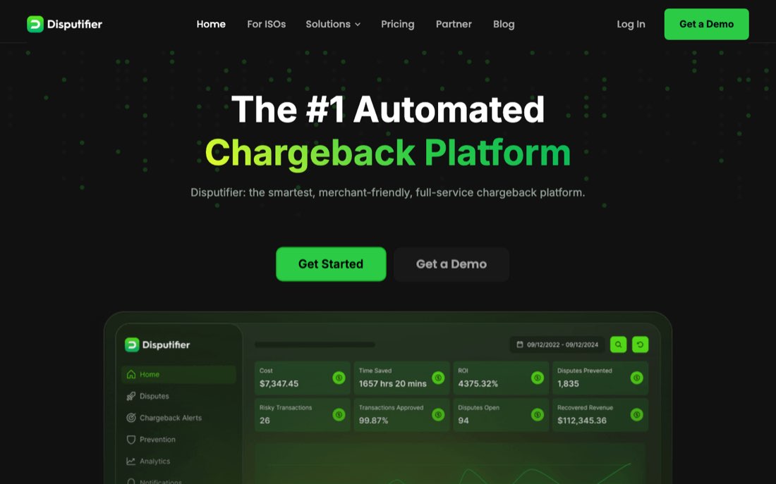 Disputifier chargeback management tool homepage showing automated alerts and representment for Shopify
