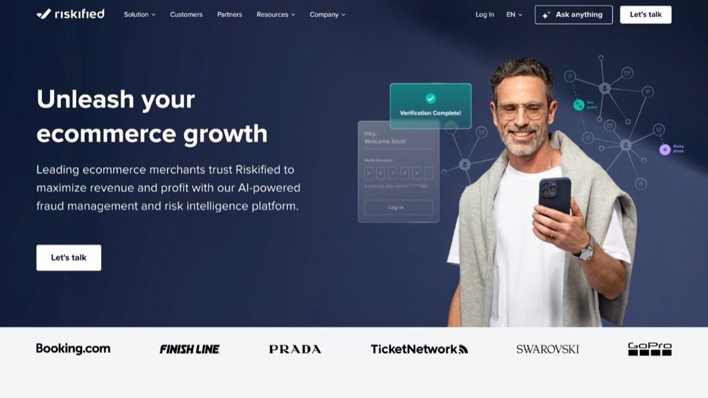 Riskified fraud prevention homepage showing AI approvals and chargeback guarantees