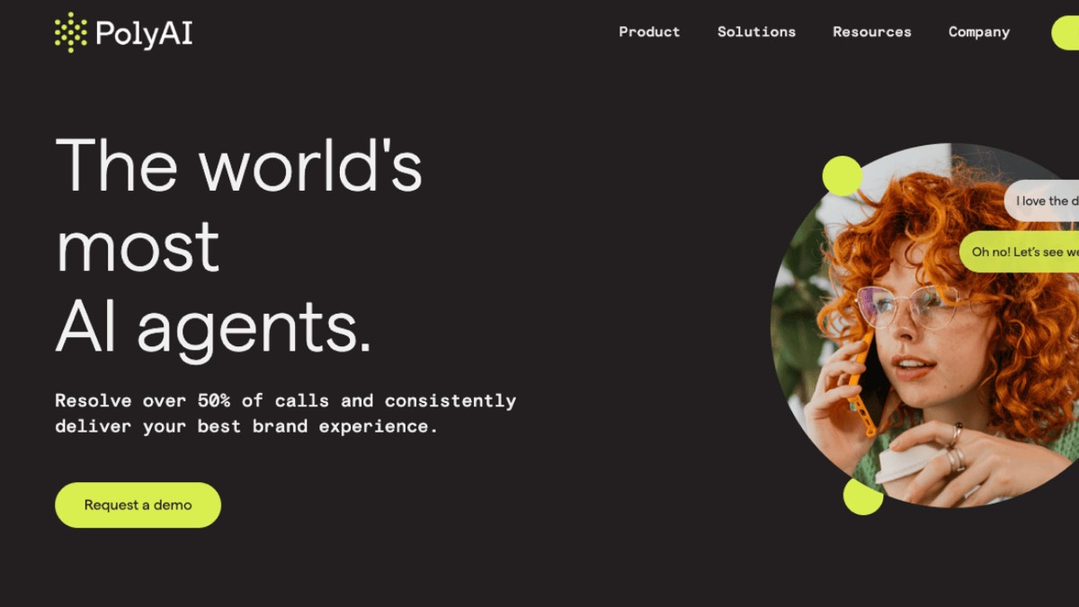 A screenshot of PolyAI's landing page, an enterprise AI phone agent platform