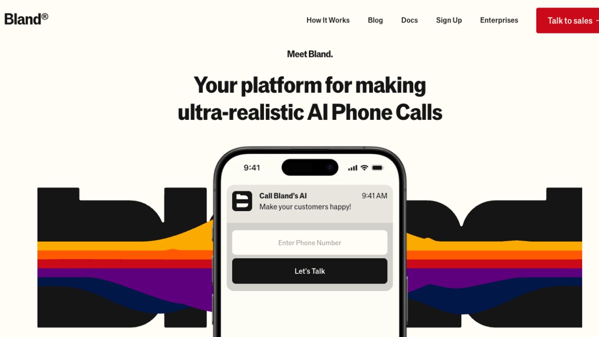 A screenshot of Bland AI's landing page among the best AI phone agent platforms