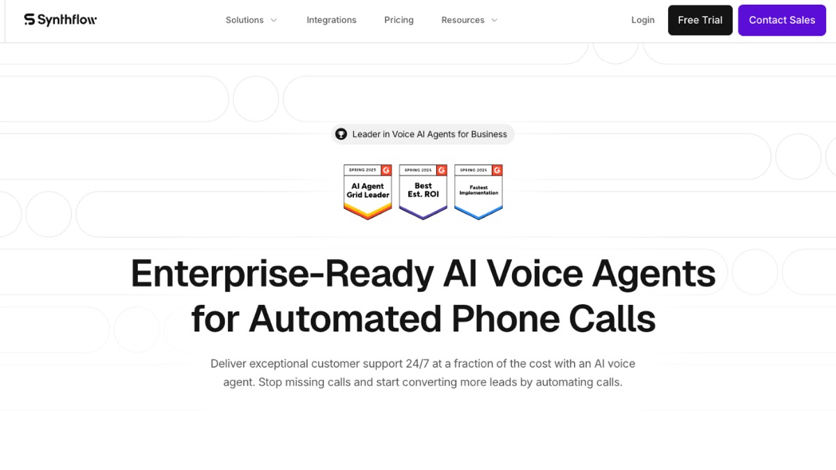 A screenshot of Synthflow's homepage, a no-code AI phone agent platform