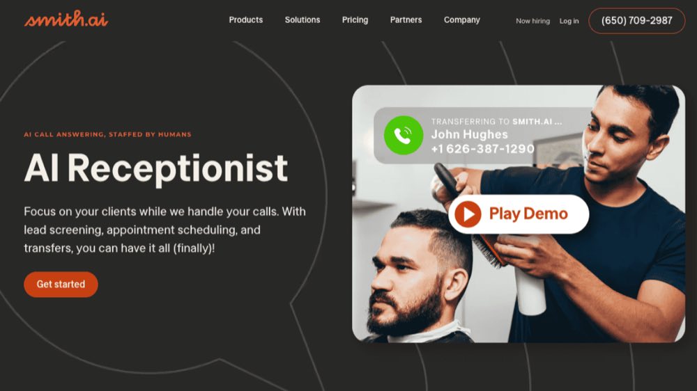 A screenshot of Smith.ai's landing page, a human-plus-AI answering service